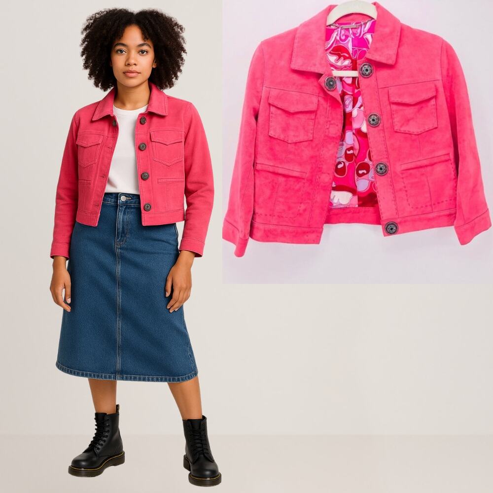 Elie Tahari Pink Suede & Silk Cropped Jacket XS Top Stitch Snap Closure Bold